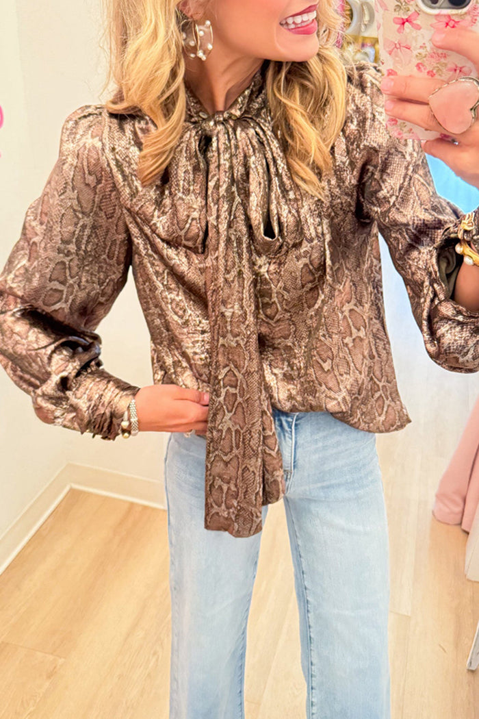 Olive Animal Motif Tie Neck Long Sleeve Top