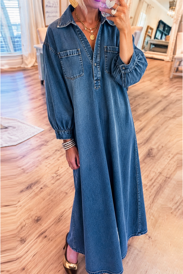 Denim Collared Pockets Maxi Dress