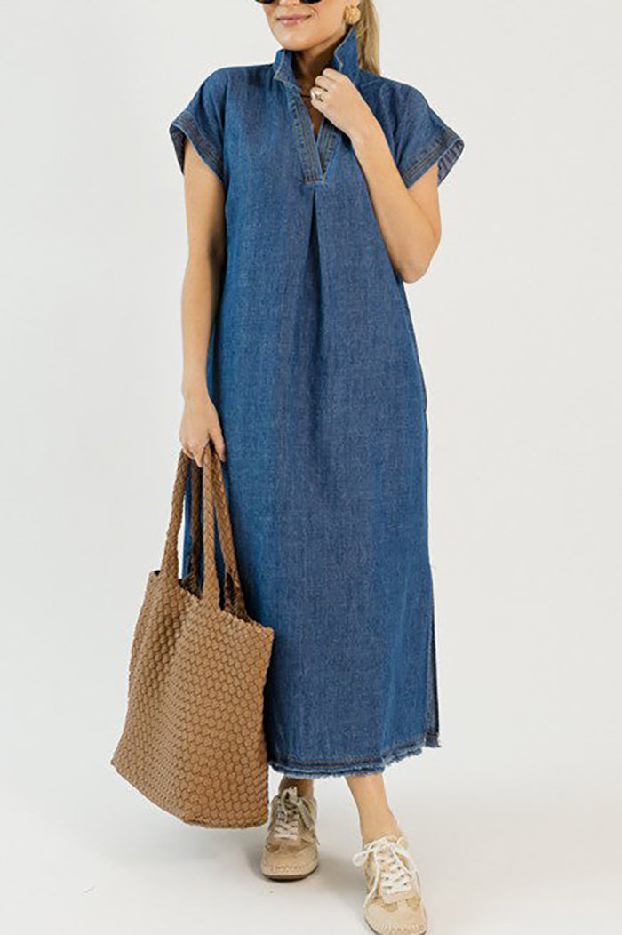 Denim Pocket Split Raw Hem Midi Dress