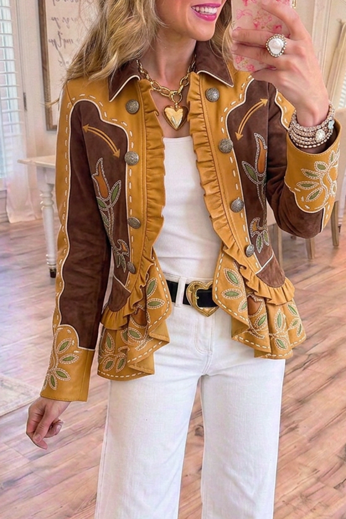 Western Floral Embroidery Color Block Ruffle Hem Jacket