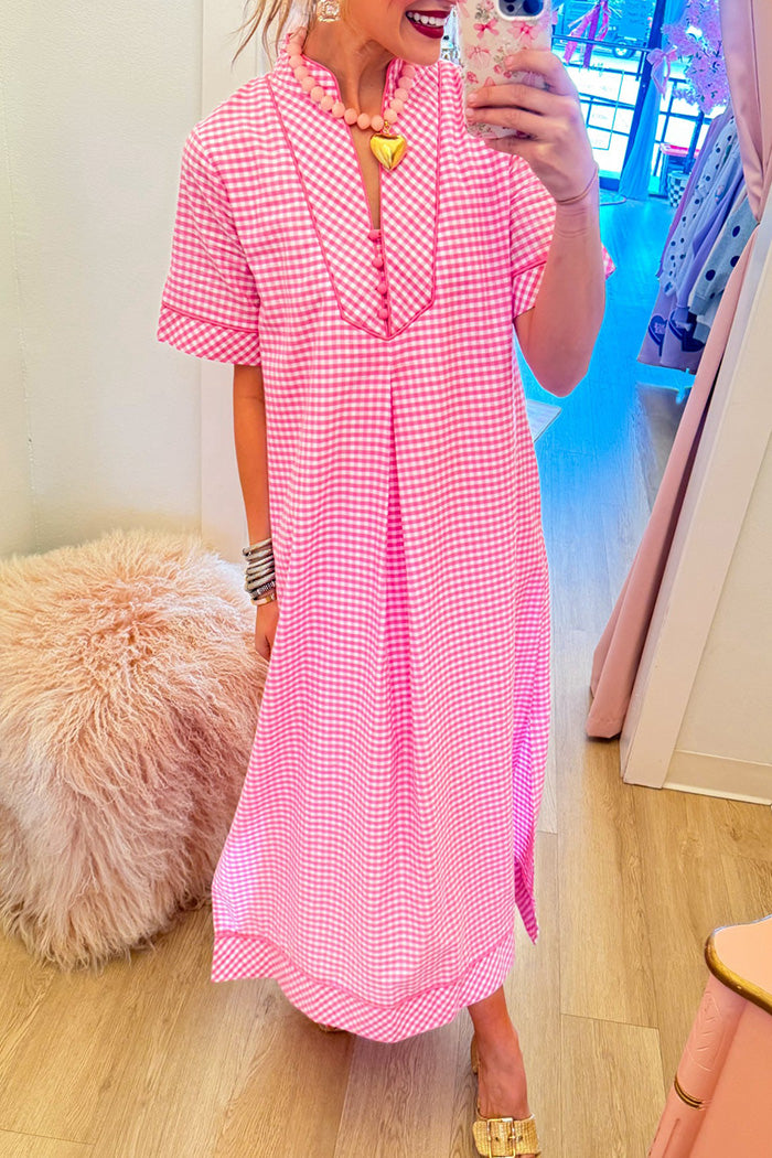 Pink Gingham Pocket Contrast Trim Dress