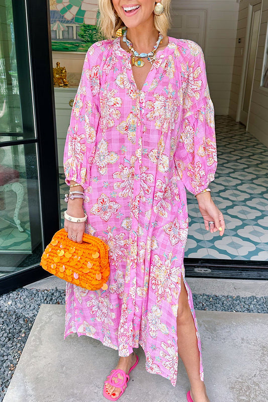 Floral Button Up Side Slit Maxi Dress