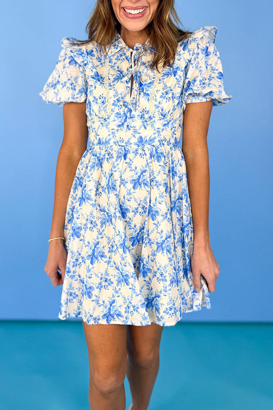 Collar Front Bow Tie Floral Dress