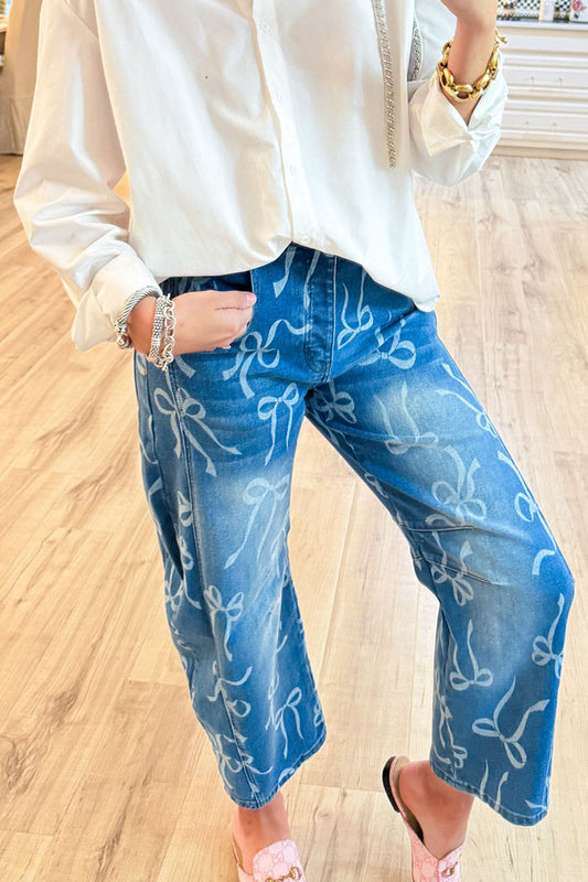 Casual Bow Pattern Straight-Leg Jeans