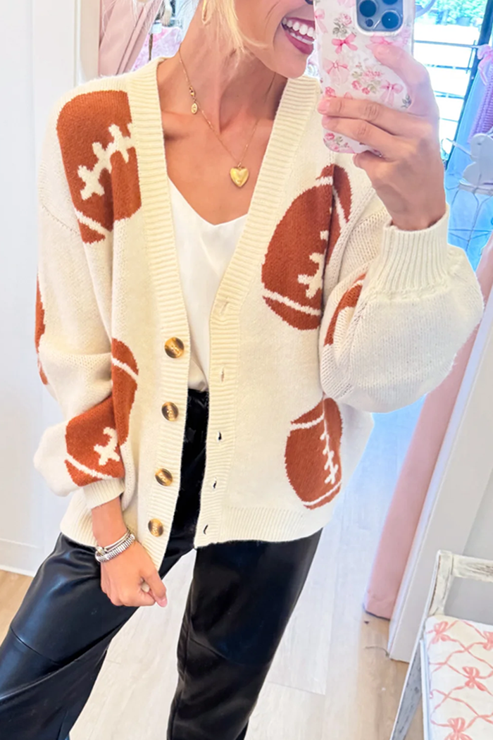 Ivory Football Pattern Knit Cardigan