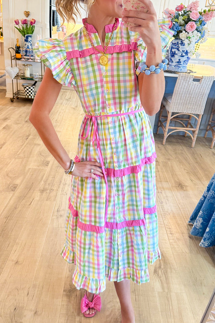Plaid Flutter Sleeve Maxi Dress