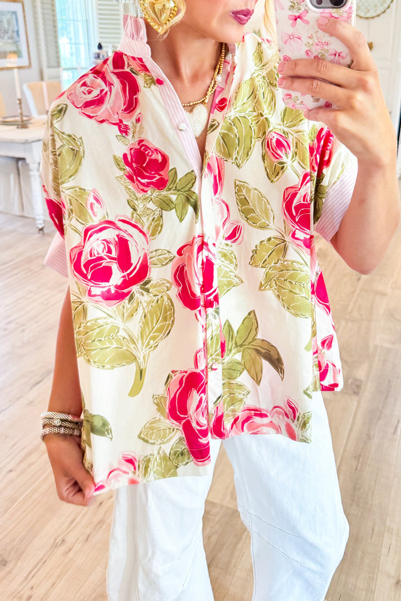 Floral Ruffe Contrast Button  Top