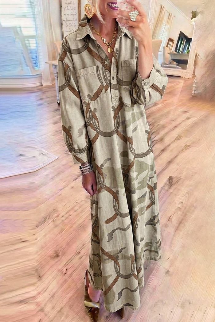 Print Sage Denim Collared Chest Pocket Maxi Dress