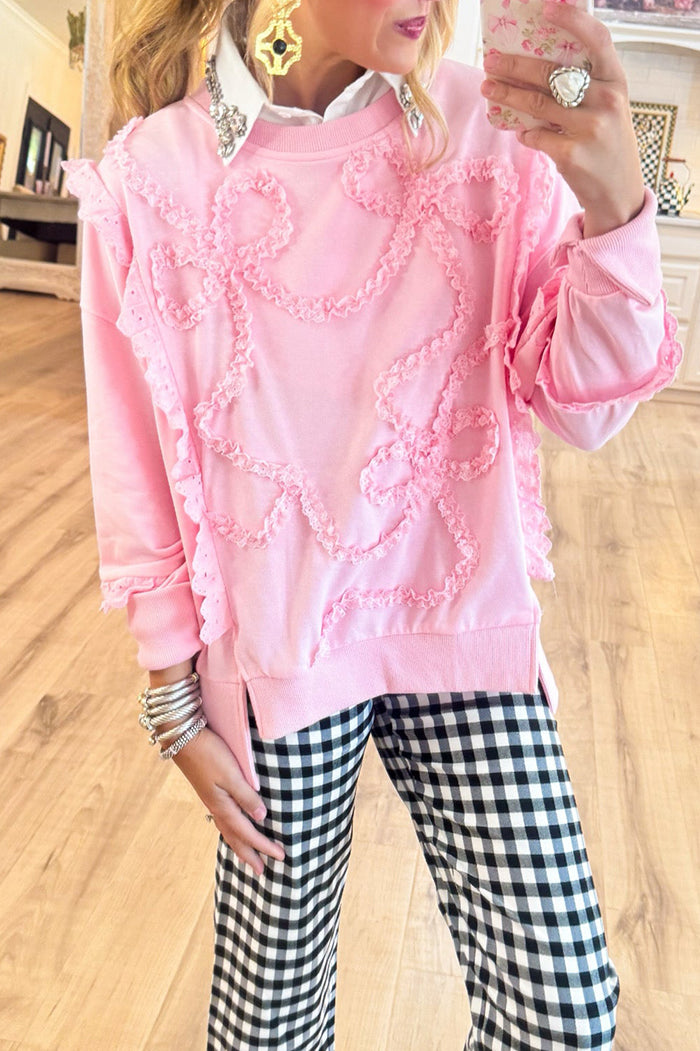 Pink Lace Bow Trim Sweatshirt