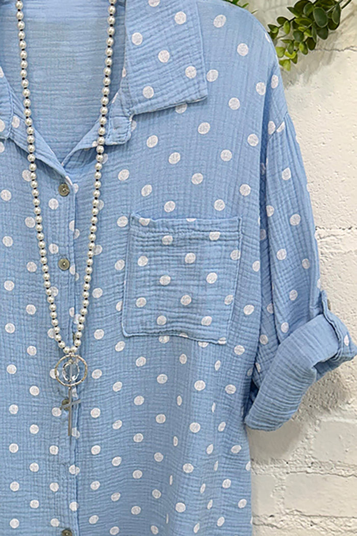 Polka Dot Roll Tab Sleeve Button Down Top