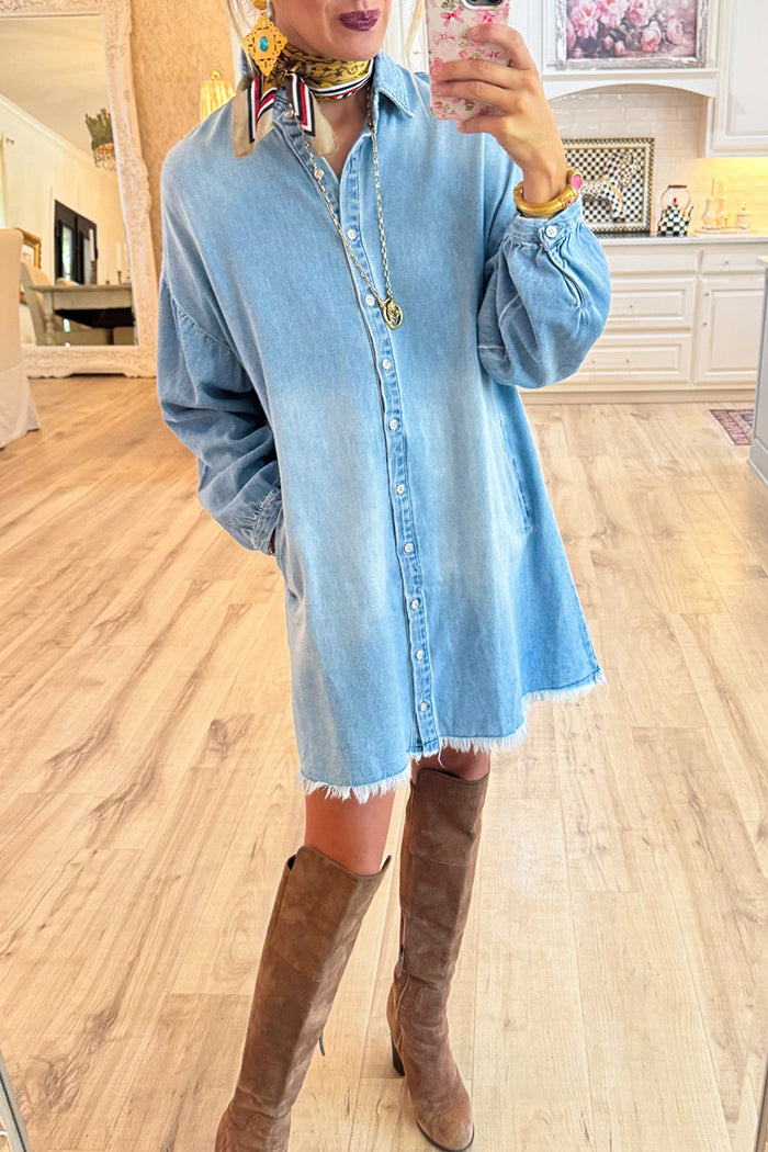 Front Button Denim Shirt Pocket Dress