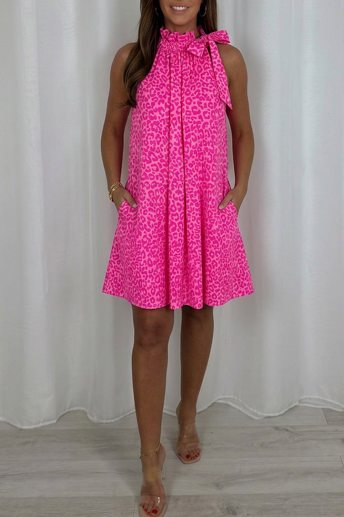 Bow Tie Halter Leopard Pocket Dress