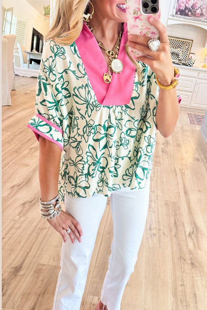 Floral Contrast Collar Dolman Sleeve Top