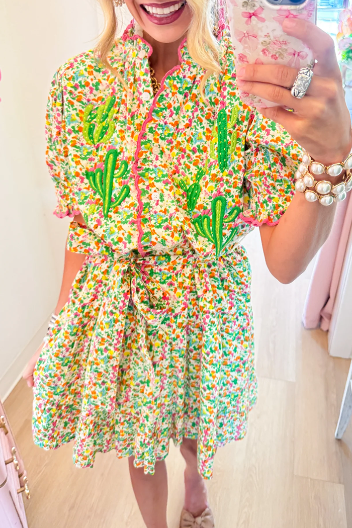 Ditsy Floral Cactus Embroidered Ruffle Collar Dress