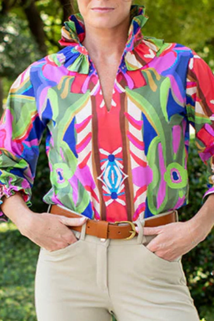 Vibrant Print Double Ruffle Collar Top