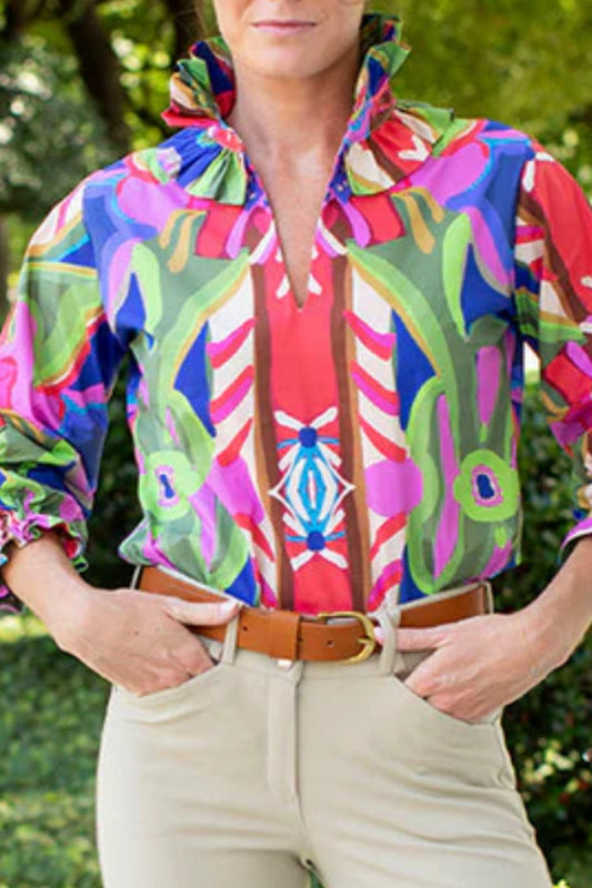 Vibrant Print Double Ruffle Collar Top