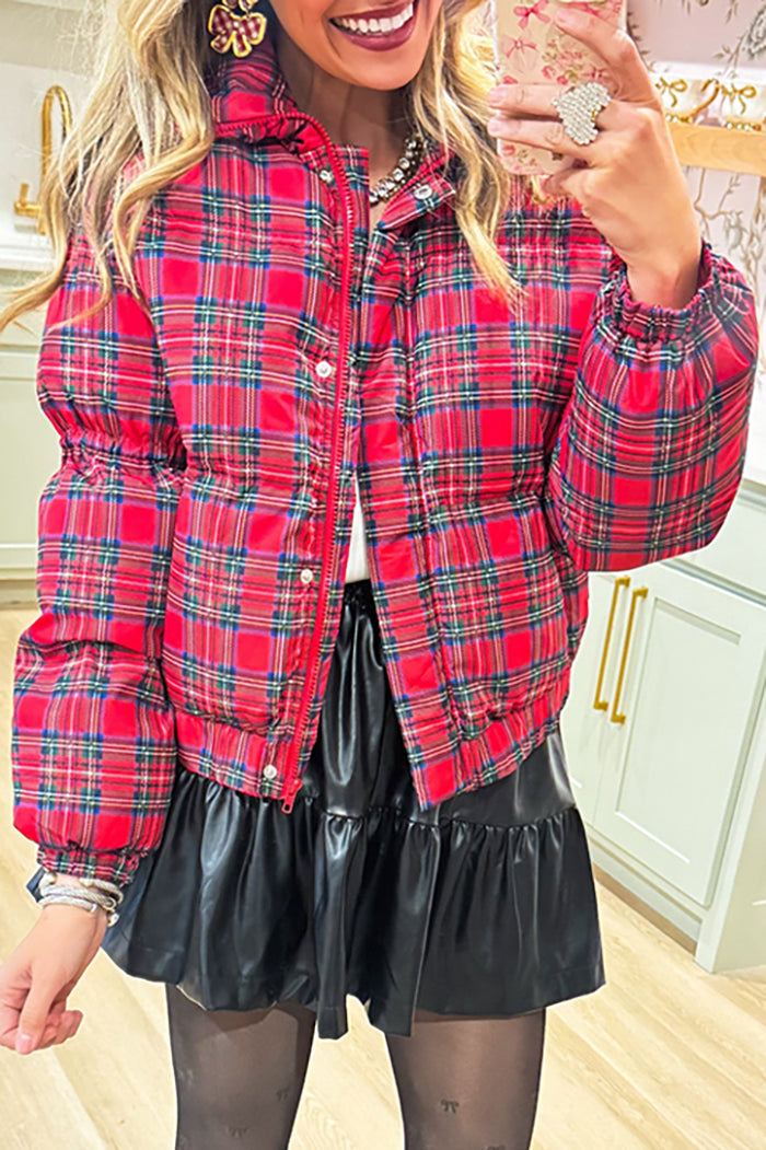 Pocketed Red Plaid Puffer Jacket