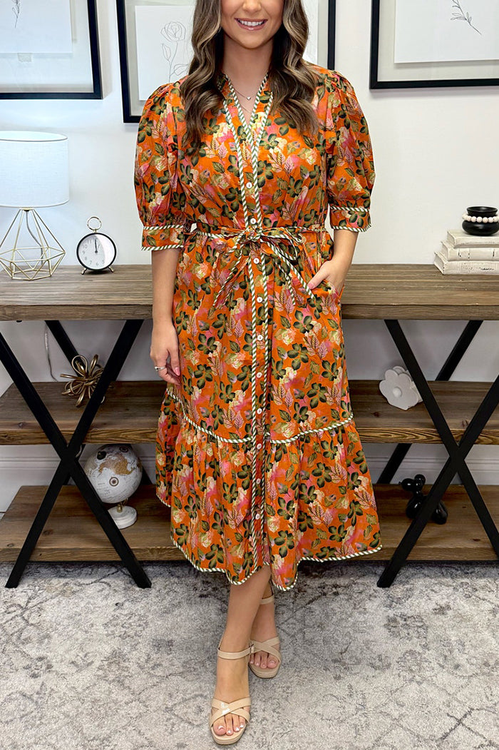 Floral Pattern Belt Pocket Dress