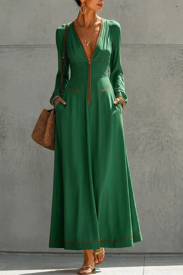Contrast Trim Pockets Green Maxi Dress