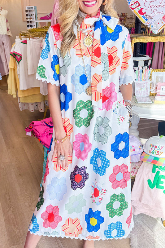 Multi Floral Scallop Trim Midi Dress