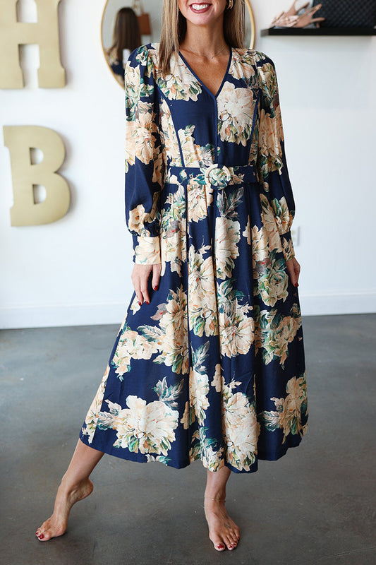 V-Neck Floral Print Long Sleeve Pocket Dress