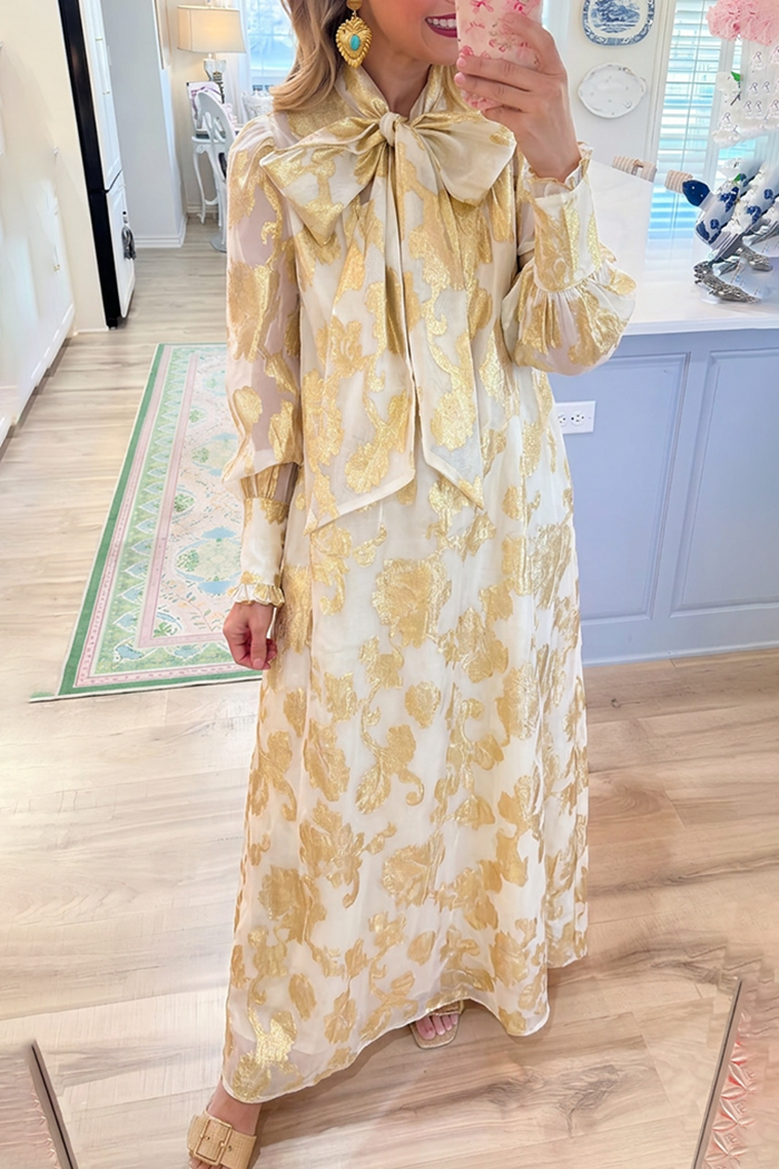 Neck Bow Metallic Floral Ruffle Cuff Maxi Dress
