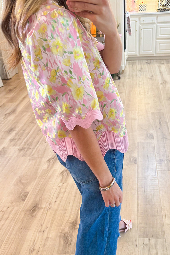 Pink Floral Wavy Trim Top