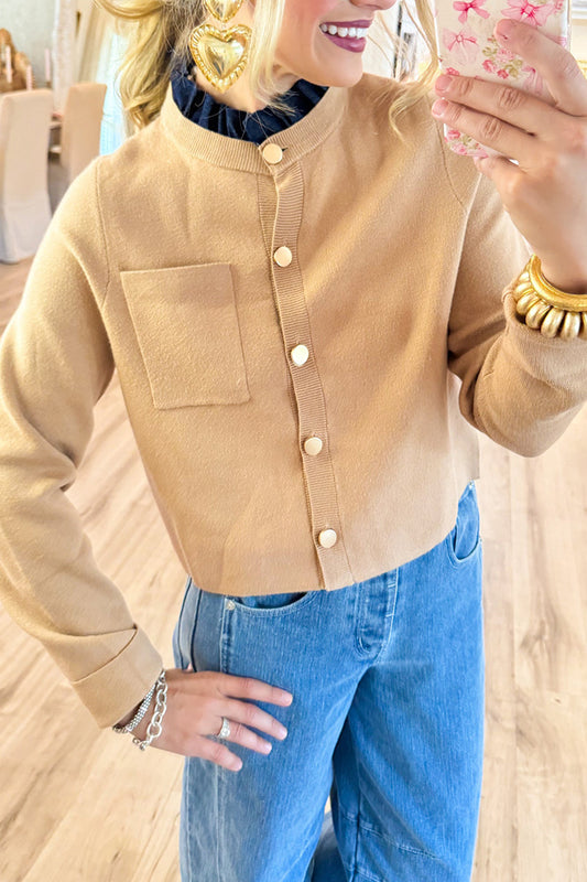 Beige Ruffle Contrast Collar Cardigan