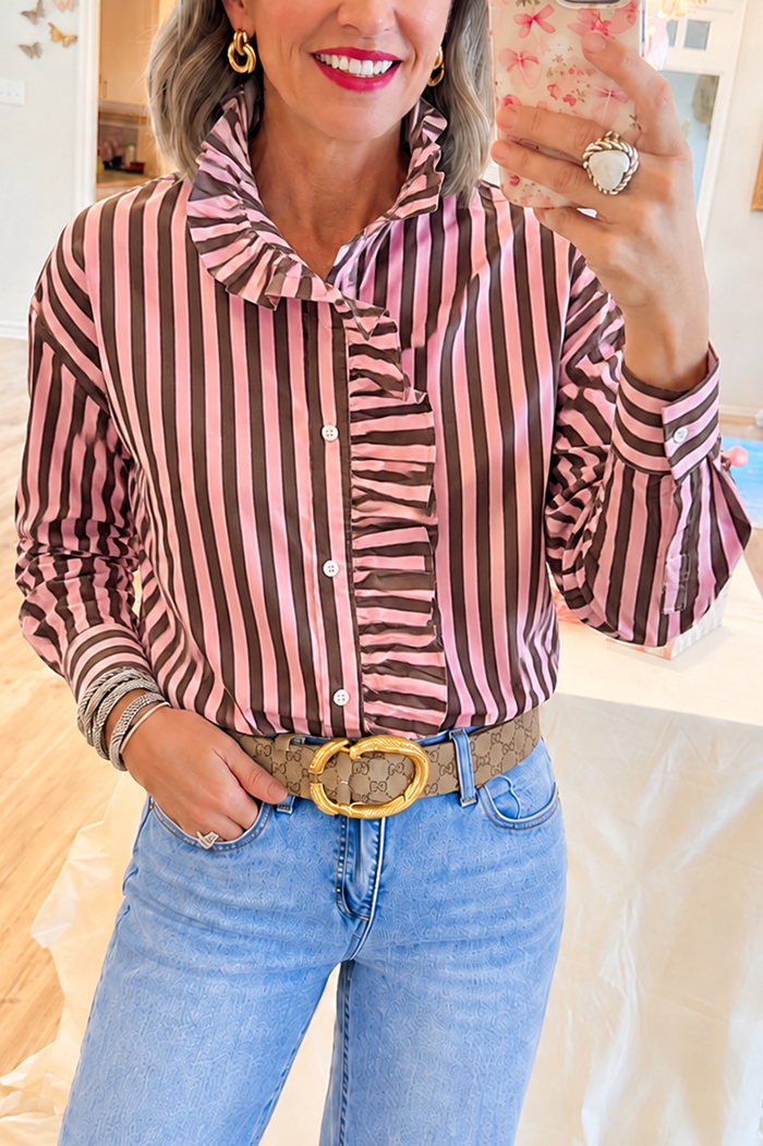 Pink Striped Ruffle Button Top