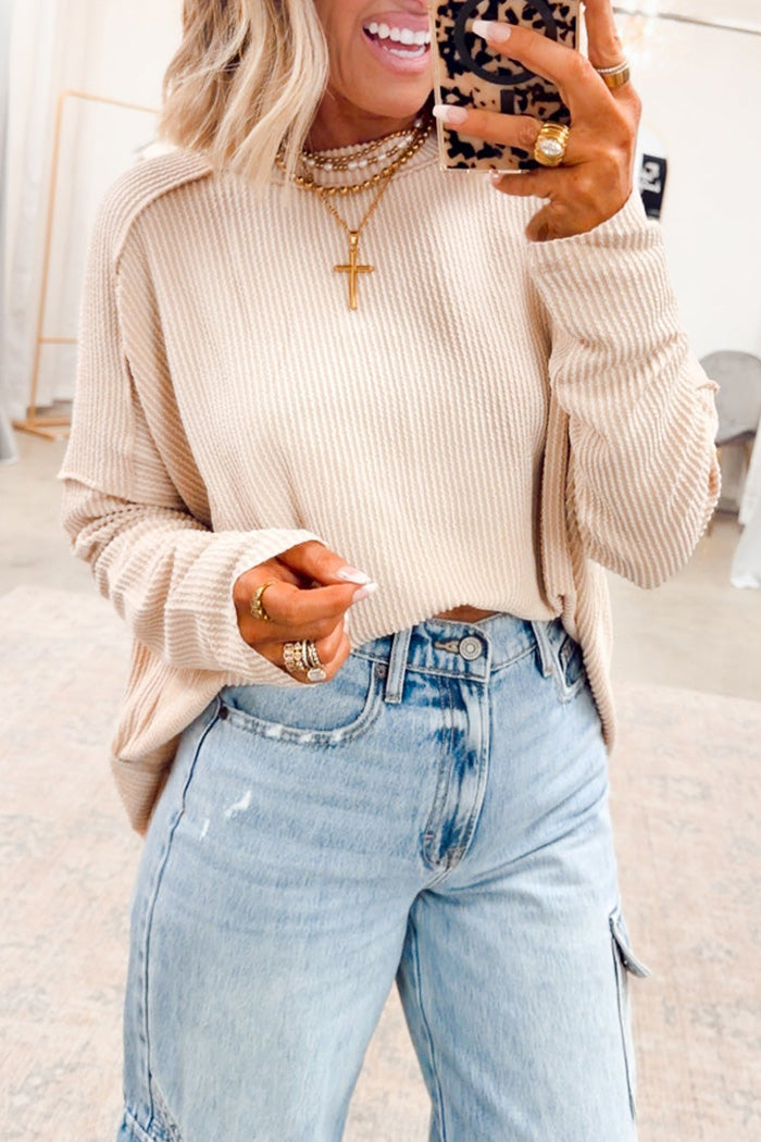 Ribbed Boat Neck Long Sleeve Top