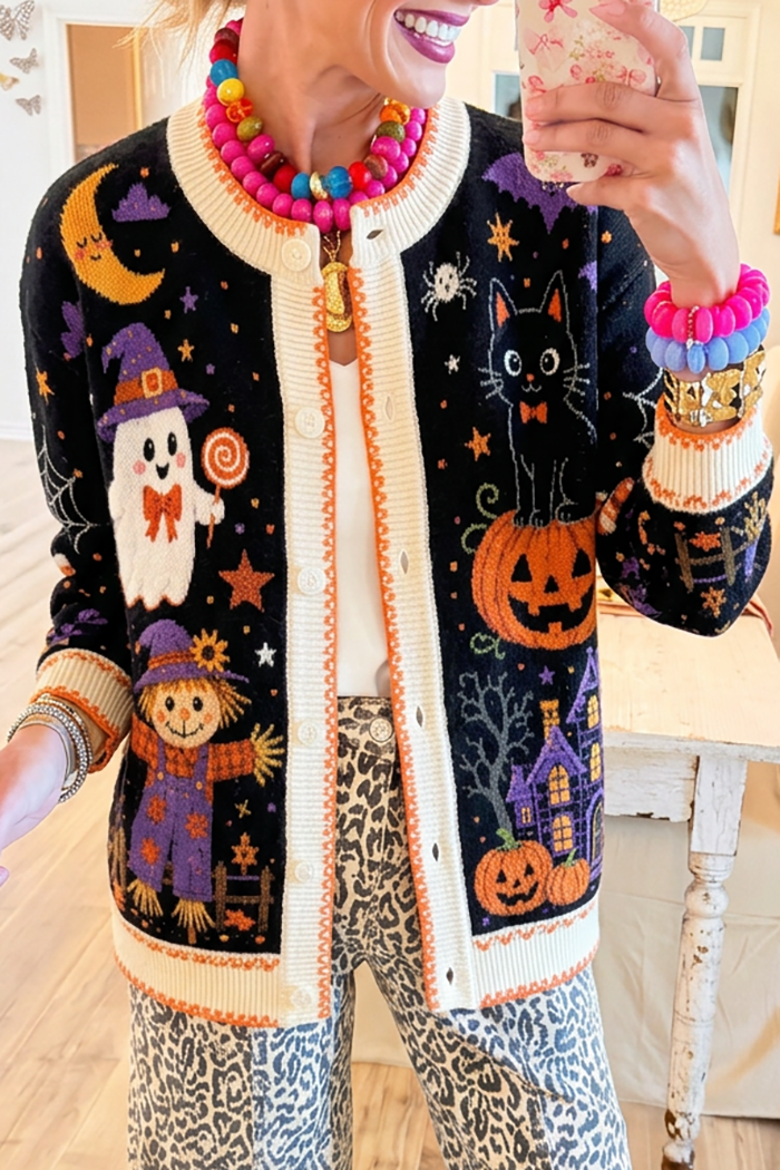 Round Neck Halloween Jacquard Knit Cardigan