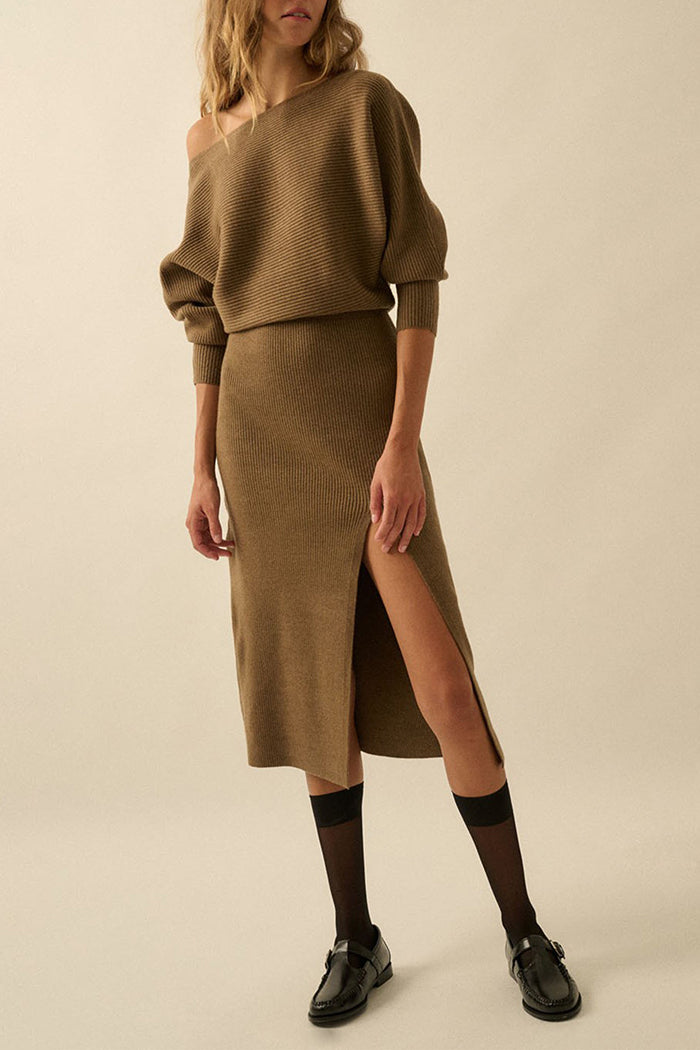 A Ribbed Knit Sweater Midi Dress