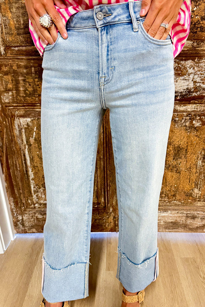 Light Denim Cuffed Straight Leg Jeans