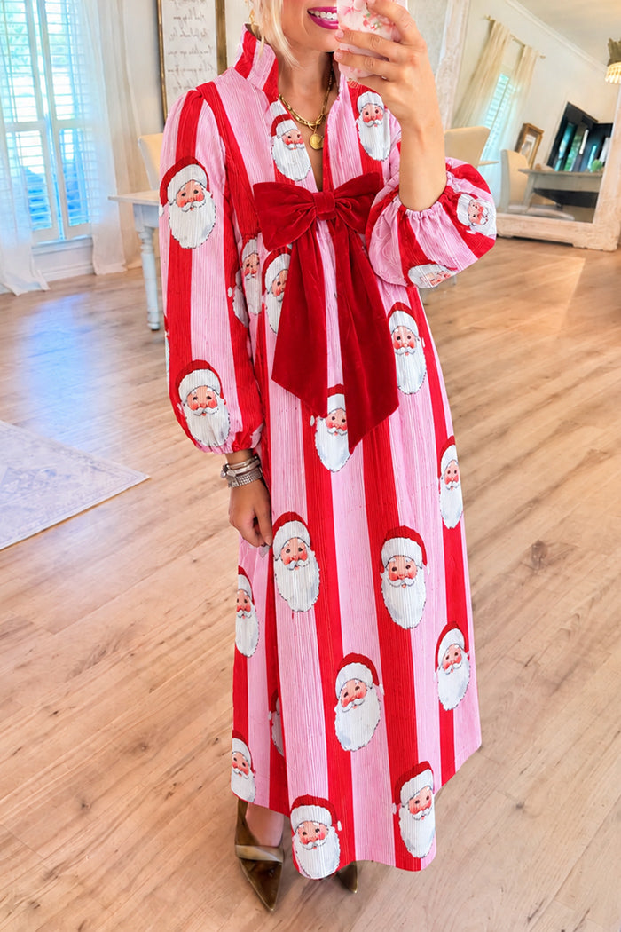 Stripe Corduroy Santa Bow Maxi Dress