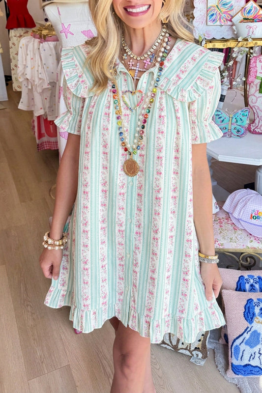 Green White Striped Floral Ruffle Dress