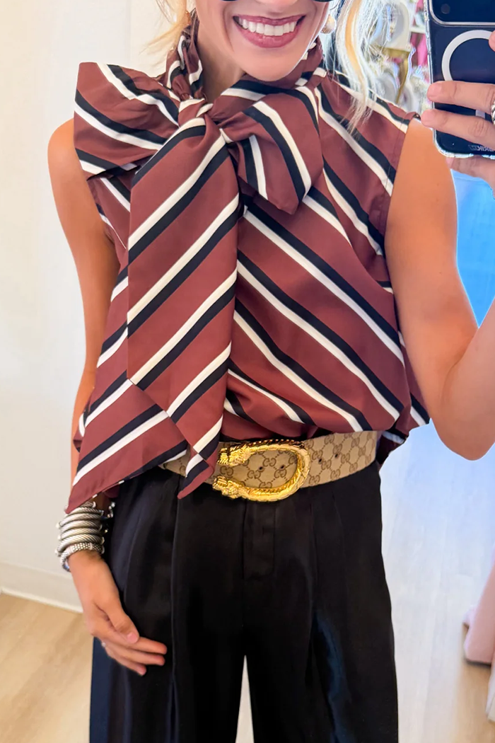 Brown Stripe Sleeveless Neck Tie Top