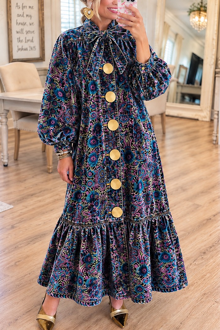 Velvet Floral Bow Neck Maxi Dress