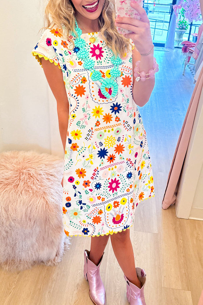 Scallop Trim Multi Floral Dress