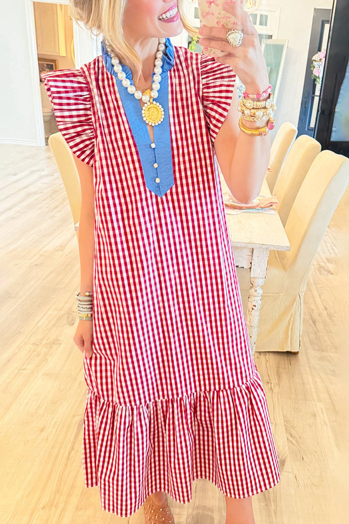 Gingham Flutter Sleeve Pocket Midi Dress