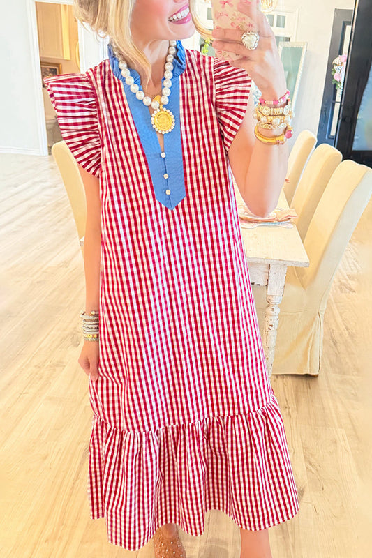 Gingham Flutter Sleeve Pocket Midi Dress
