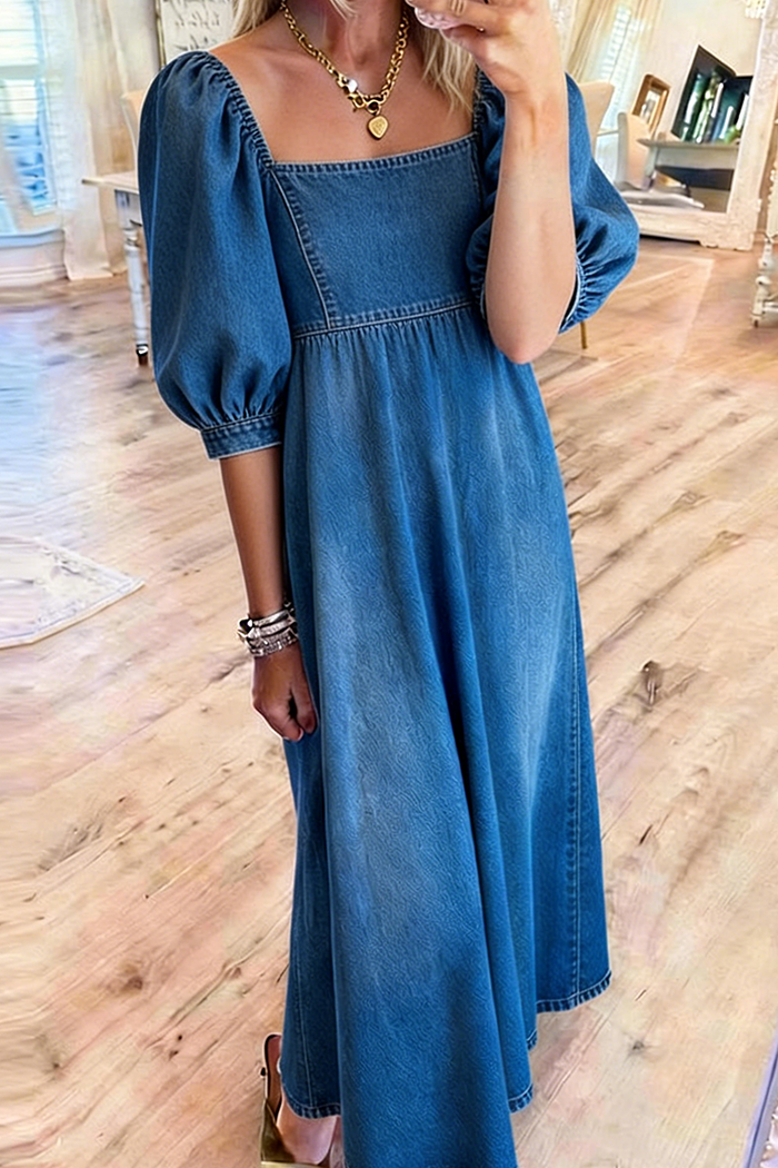 Square Neck Denim Midi Dress