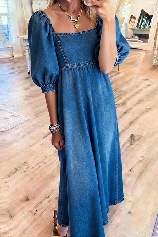 Square Neck Denim Midi Dress