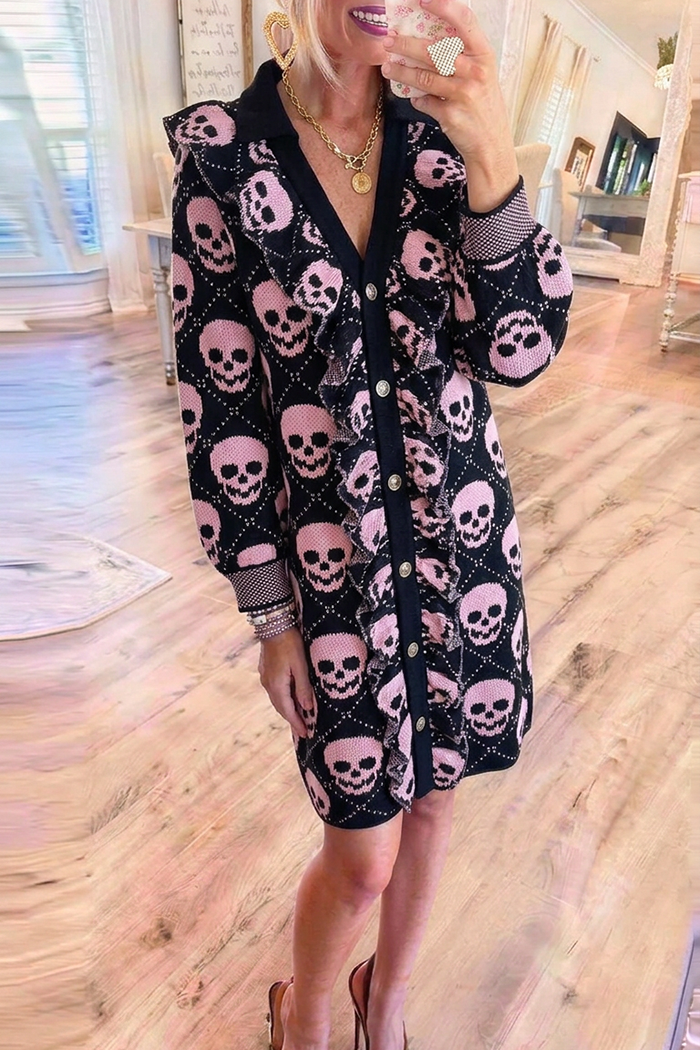 Pink Skull Ruffle Trim Pocket Sweater Dress