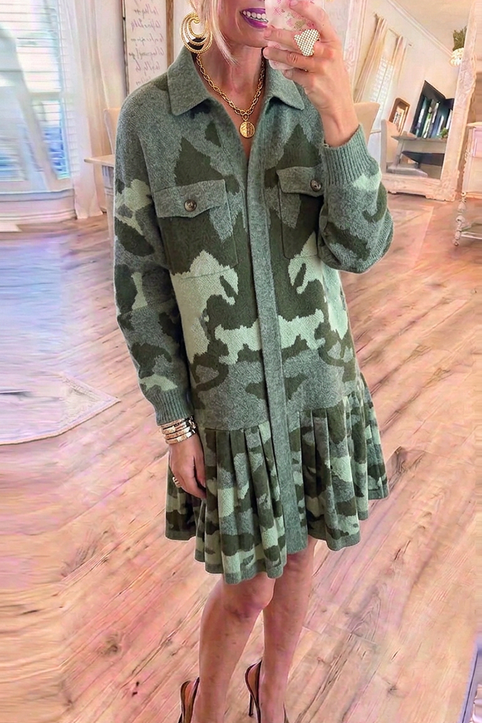 Camo Jacquard Collared Pockets Ruffle Hem Sweater Dress