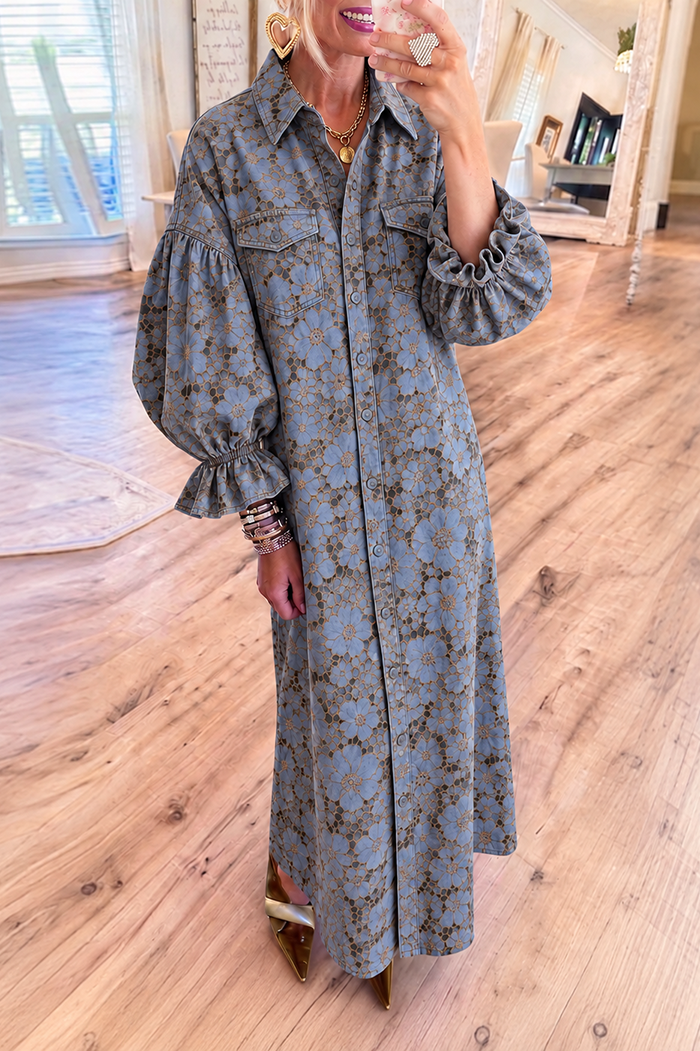 Casual Floral Puff Sleeve Maxi Dress