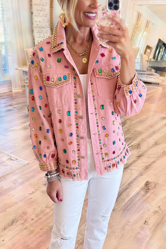 Casual Colorful Rhinestone Denim Jacket
