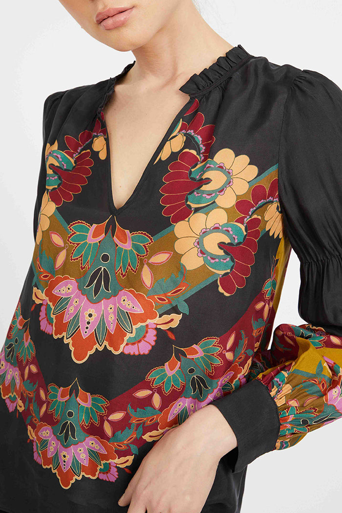 Black Floral Print V-Neck Puff-Sleeve Top