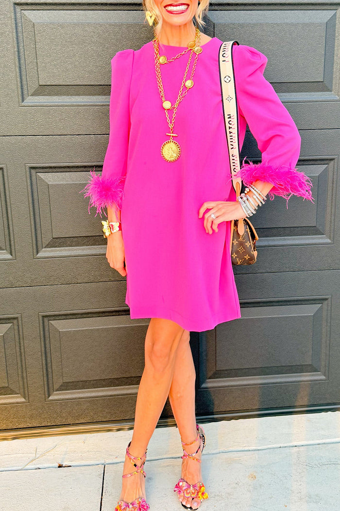 Hot Pink Feather Trim Pocket Shift Dress