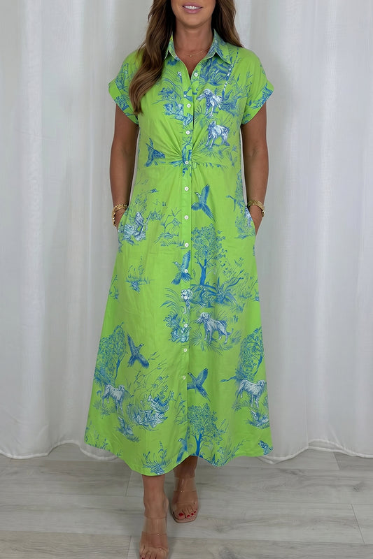 Toile Print Button Front Pocket Maxi Dress