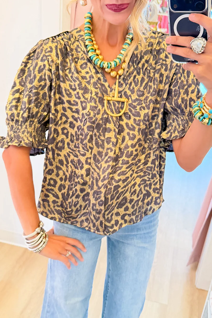 Gold Metallic Leopard Puff Sleeve Top